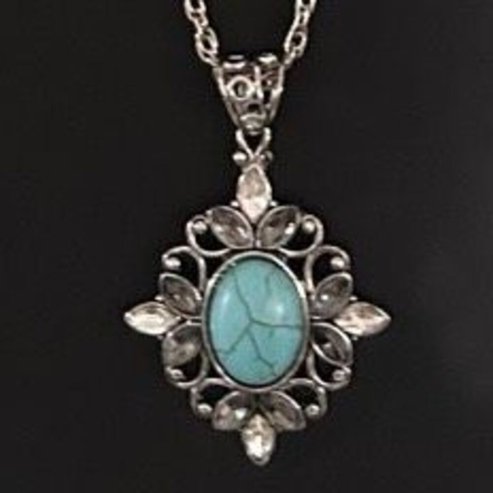 Vintage Pendant Necklace Women's Silver-tone Chain Turquoise Cabochon Center - Picture 5 of 9